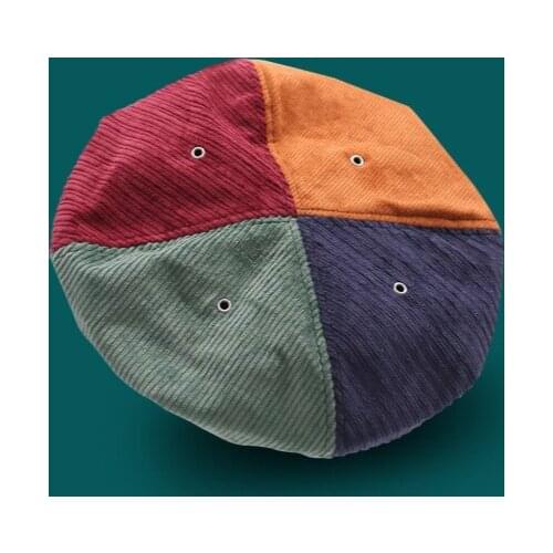 Ins Beret Autumn and Winter Corduroy Hit Color Patch Octagonal Hat Retro British Painter Hat Pumpkin Hat Womens Hat