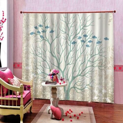 Cartoon Blue big tree Fishs Curtain For Living Room Bedroom Vintage background Blackout Window Drapes Decor Sets 2 Panels Hooks