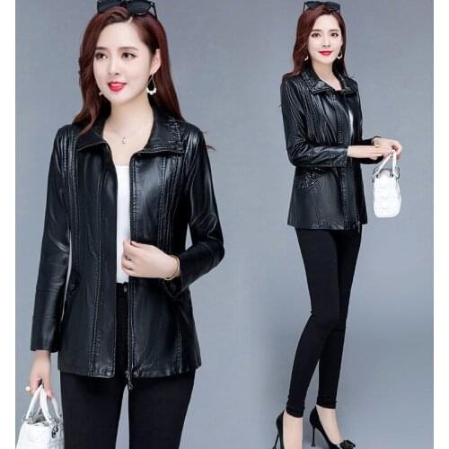 7XL Plus Size Women Leather Jacket Spring Autumn New Fashion Women Pu Leather Coat Lady Faux Leather Black Motorcycle Coat W751