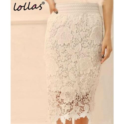 Lollas High Quality New Women Lace Skirt A-Line Hollow Out White Black SKirt Knee Length Plus Size S-3XL