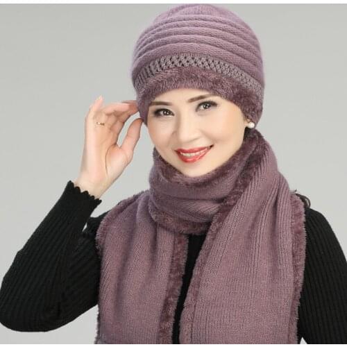 Women Rabbit Hair Knitted Wool Hat Female Winter Warm Fashion Scarf Mother Granny Christmas Gift Elegant Caps Scarf Suit H7136