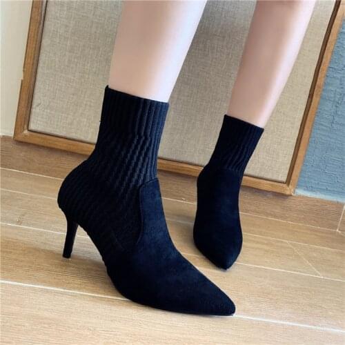 2022 Winter Sock Boots Sexy Knitting Stretch Boots High Heels for Women Fashion Shoes Female Stripe Autumn Ankle Boots Booties
