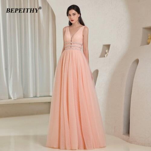 BEPEITHY V Neck Coral Sleeveless Long Prom Dresses 2021 Spring Floor Length Sexy Open Back Evening Party Gown For Women New