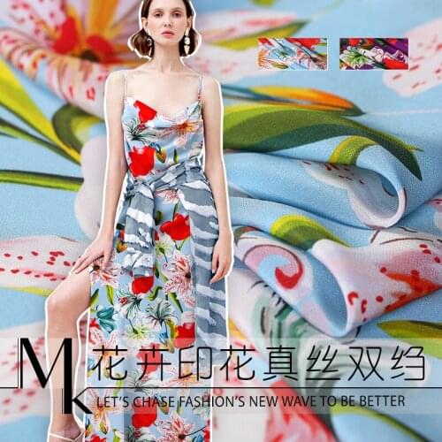 100% mulberry silk crepe de chine fabric cloth per meter 16mm 138 cm wide Lily printed clothing shirt dress fabric