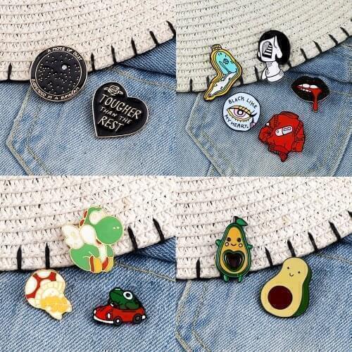 2-5pcs/Set Cute Enamel Pins Women Face Lips Frog Driver Dinosaur Animals Fruit Punk Universe Badge Brooch Jewelry Friends Gift