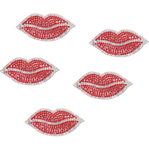 5pcs Small Size Rhinestones Red Lips Mouth Patches Iron on Clothing Vintage Applique Fashion Clothes Sticker Decoration Patch