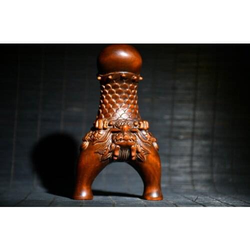 6" China Lucky Old Boxwood Handmade statue Lion head statue Bergamot Slingshot play Viewing screen penholder Office Ornaments