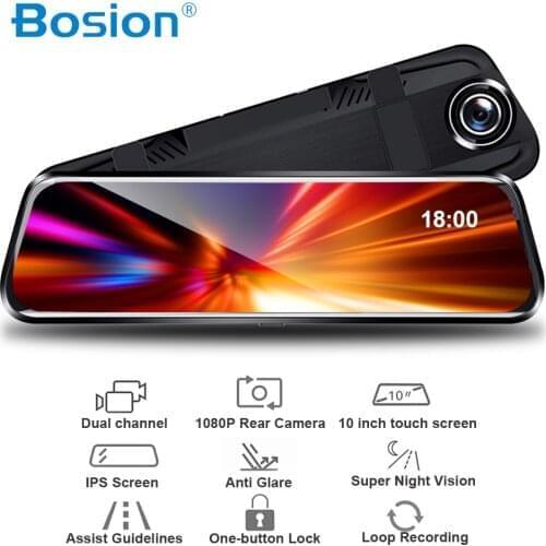 Bosion 10 inches Touch Screen 1080P Car DVR stream media Dash camera Dual Lens Video Recorder Rearview mirror 1080p Rear camera