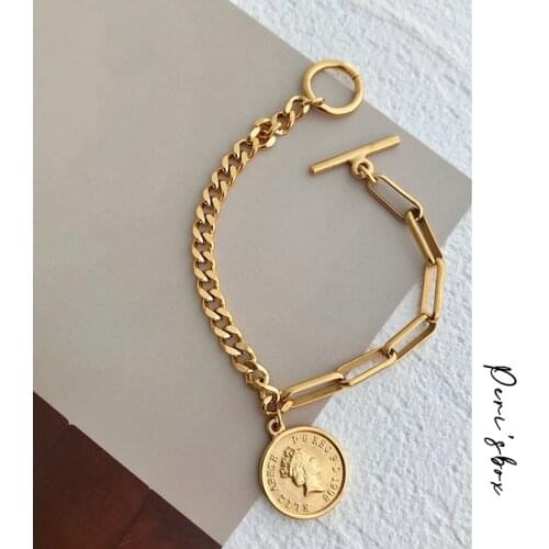 Perisbox Portrait Coin Chain Bracelets Toggle Clasp Think Link Bracelets for Women Gold Silver Color Titanium Steel Bracelets