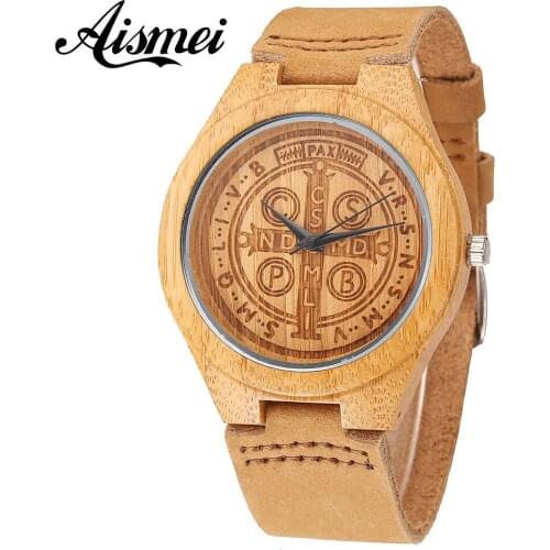 Engraved Buck Head Natural Wood Watch With Genuine Cowhide Leather Band Lovers Luxury VRSNSMVSMQLIVB Bamboo wood Watch
