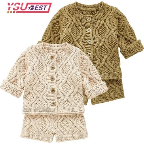Toddler Girls Boys Suit Twist Autumn Children Clothing Boys Girls Baby Knit Sweater Cardigan + Shorts Suit Baby Clothes Suit