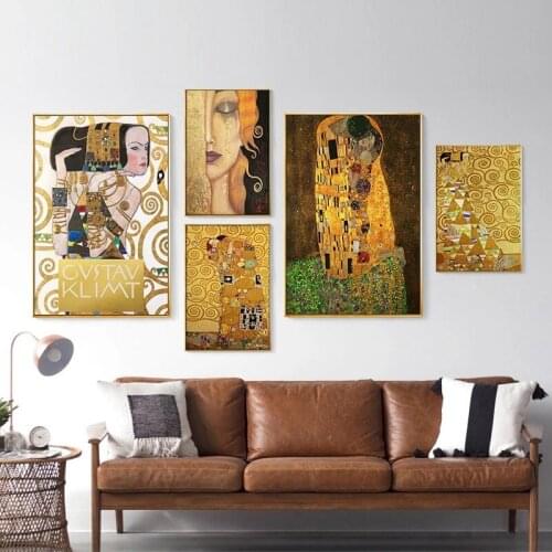 Classic Artist Gustav Klimt Kiss Fulfillment Abstract Oil Painting Canvas Print Poster Modern Art Wall Pictures for Living Room