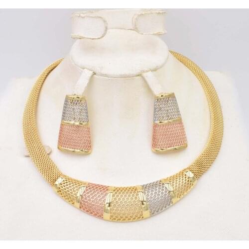 High Quality Ltalia gold plated jewelry set Three Colors New Reticular Necklace Earrings For Party