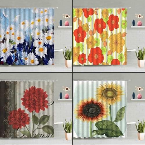 Colorful Flowers Shower Curtain Sets Butterfly Yellow Sunflower Spring Scenery Waterproof Polyester Bathroom Curtains With Hook