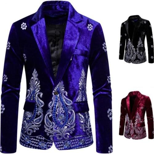 Men Autumn Winter Burgundy Blue Black Velvet Embroidered Suit Jacket Blazers Business Suit Velvet Embroider Coat Men Cloth