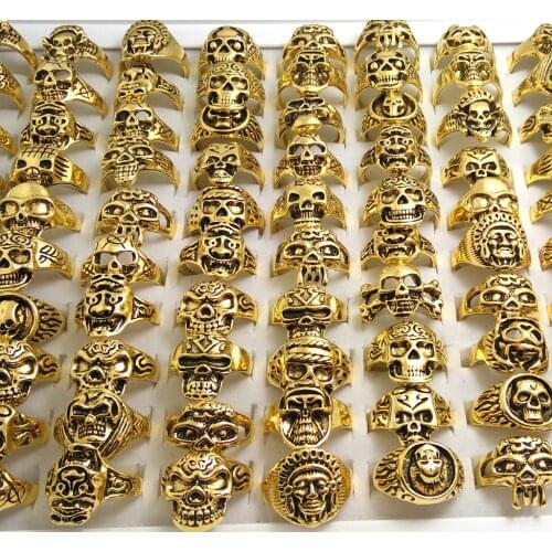 Bulk lots 100pcs Gold Skull Rings for Mens Gift Mens Jewelry Skeleton Pattern Man Rock Biker Rings Gift for boy Sport Ring