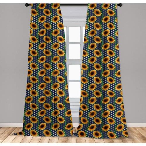 Orange Blue Window Curtains Cartoon Floral Pattern with Sunflowers with Peduncles and Polka Dots Curtain with Rod Pocket