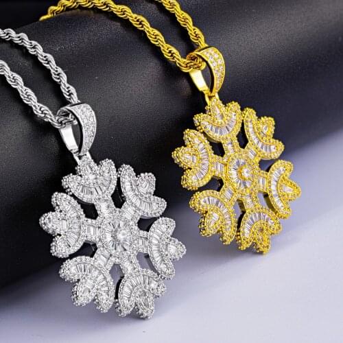 AZ Hip Hop Copper Snowflake Iced Out Pendant Necklaces For Women Men Rock Long Chain Necklace Jewelry Accessories Free Shipping