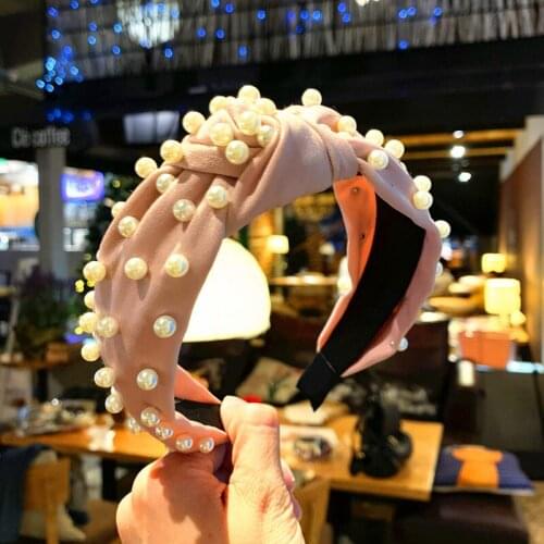 2020 New Knot Pearls Headbands for Girls Women Handmade Wide Solid Silk Fabric Twist Hairband Bezel Hoop Hair Accessories