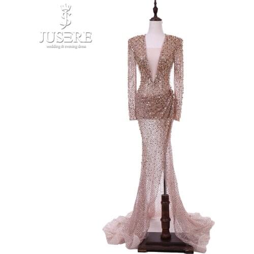 Real Photos Sexy Shiny Golden Illusion Long Sleeves Celebrity Dress With Crystals Tassel V Neck High Split Evening Dress 2019