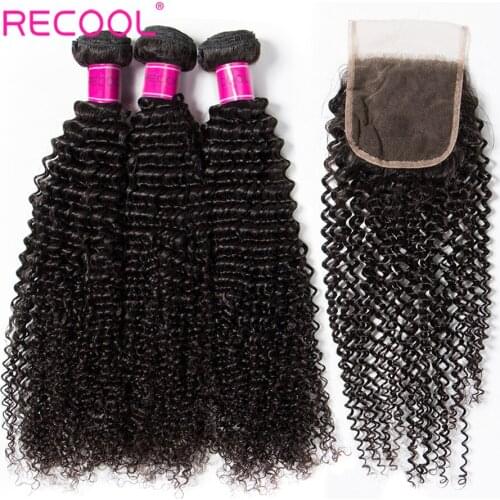 Recool Hair Kinky Curly Bundles With Closure Brazilian Hair Weave 3 Bundles With Closure Human Hair Curly Bundles With Closure