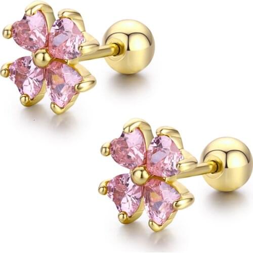 7colors Cute Heart CZ Stones Clover Flower Screw Back Stud Earrings For Women Baby Kids Girls Gold Color Piercing Jewelry Aros