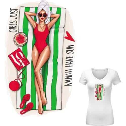 Sun Bath Girl Parches Thermal Stickers Diy T-Shirt Jeans Decoration Heat Transfer New Fashion Washable Applique Clothes