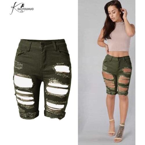 2018 Summer Army Green Women jeans Women Capris Shorts Riding Denim Pocket Stretch Skinny High Waist Trousers For Woman Jeans