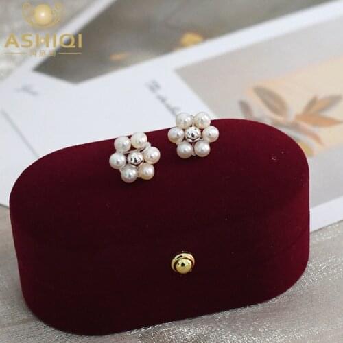ASHIQI 925 Sterling Silver Small Flower Earrings Natural Freshwater Pearl Jewelry Handmade Fashion Retro Wedding Gift for Women