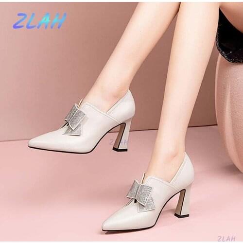 Fashion Rhinestone Bowknot Soft PU Leather Women High Heels Zlah Fashion Party Wedding Shoes Mid-heel High Heels Women Shoes