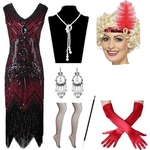 Womens flapper great GATSBY party sequin tassel V Neck Dress headband necklace gloves earring set 1920s Accessories Set