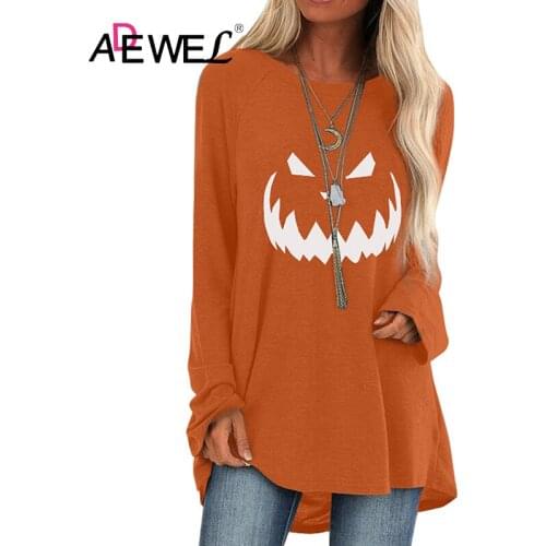 ADEWEL Orange Halloween Printed Pullover Long Sleeve Tunic Top Plus Size Woman Tshirts Mujer Camisetas Oversized Clothes 2XL