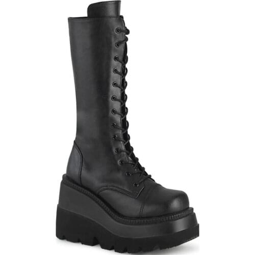 Plus Size 43 Brand Wedge High Heels Platform Trendy Cool Gothic Black Vampire Freaks Cosplay Calf Boots Shoes Women