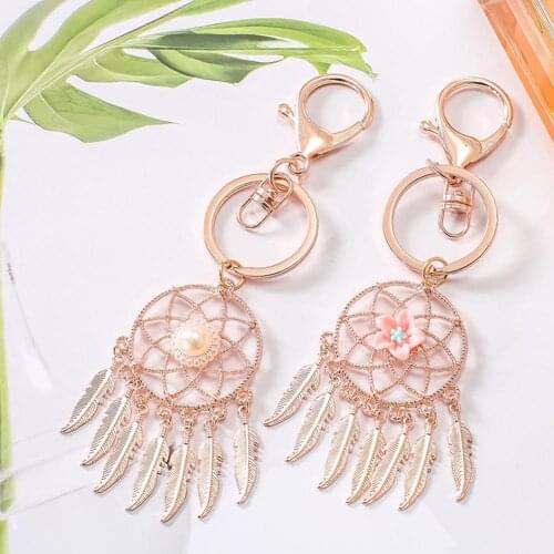Korea Style Dream Catcher Key Chain Gift Pearl Floral Dreamcatcher Feather Mini Car Keyring Chain Rings Women Men Jewelry