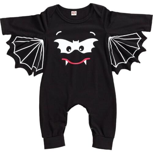 Baby Romper Cartoon Bat Print Round Neck Long Sleeve Jumpsuit for Kids Black One-Pieces Halloween Babe Clothing
