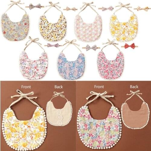 Double Printed Cotton Linen Baby Bibs Elastic Headband Set Vintage Floral Newborn Feeding Saliva Towel Bandana Scarf Burp Cloths