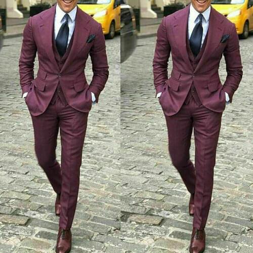 Formal Wine Red Wide Lapel Mens Suit Slim Tuxedo Groom Suits For Men Wedding Business Work Wear Party Jacket & Vest & Pants