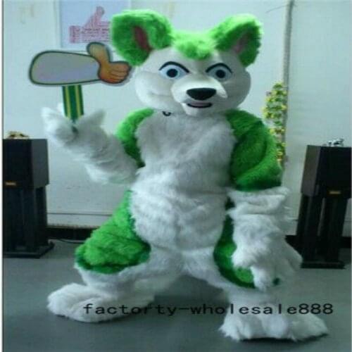 Halloween Green Long Fur Fox Husky Dog Mascot Costume Cosplay Dress Adult Fursuit Cartoon Outfit Carnival Xmas Easter Ad Clothes