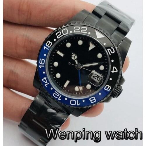 Bliger 40mm Mens Top Luxury GMT Mechanical Watch Black PVD Case Sapphire Glass Ceramic Bezel Black Sterile Dial Automatic Watch