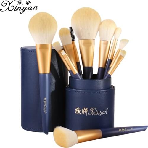 XINYAN 11Pcs Navy Blue Makeup Brushes Set Eyeshadow Powder Wood Handle Concealer Cosmetic Eyebrow Beauty Tool