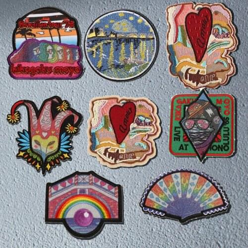 Landscape Bridge Patches Stripes for Clothes Iron On Badge Embroidered DIY Ironing Sticker Beach Starry Sky Clothing Appliques