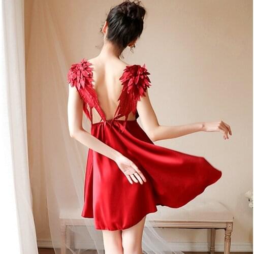 Backless Nightgowns Wings Satin Sleepwear Sexy Negligee Deep V-neck Night Dress Lingerie Dress Night Wear Nighties Dressing Gown