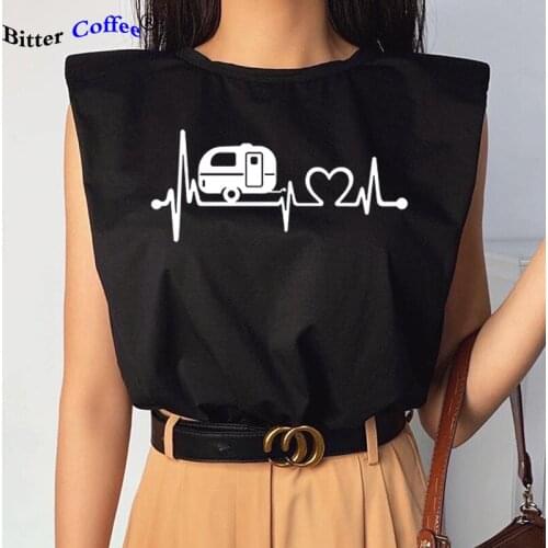 Summer New Cotton Women T-shirts Tops Tees Sexy Sleeveless Camper Travel Hiker Camper Heartbeat Women T Shirt Plus Size