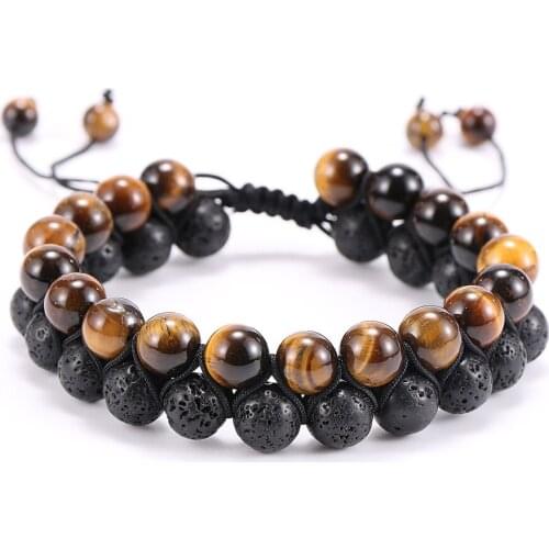Handmade Rope Wrap Double Layer 8mm Natural Stone Beads Wrap Bracelet For Men 24 Styles Tiger Eye Lava Stone Male Wristband