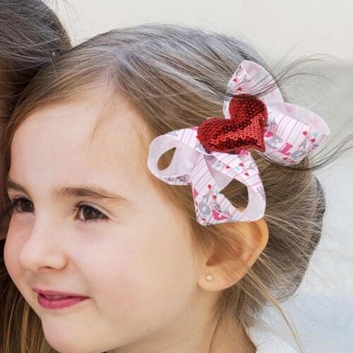 Printed Sequins Double Bow Hair Clips Pink Love Pins Ribbon Bows Hairpin Girls Bows Boutique Headwear Kids Hair Accessories