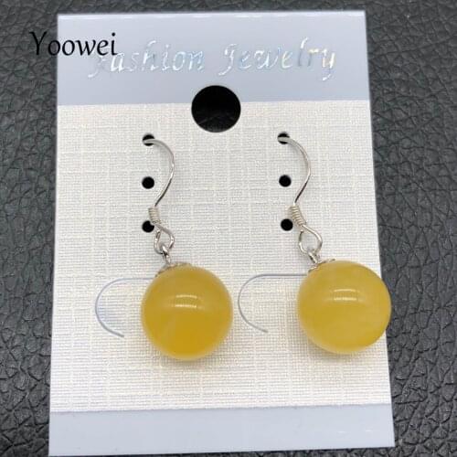 Yoowei Natural Amber Earrings 925 Sterling Silver 9mm Honey Wax Ear Hook Earrings Russian Chicken Oil Yellow Round Amber Jewelry