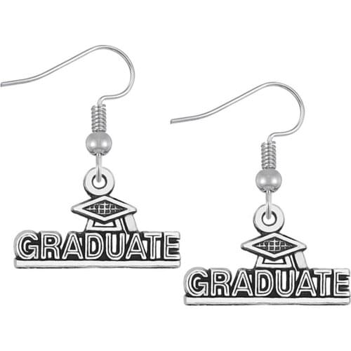 DOUBLE NOSE Metal Alloy Antique Silver Plated Class School Anniversary Graduate Charms Earrings Senior School Favor Hook Earring