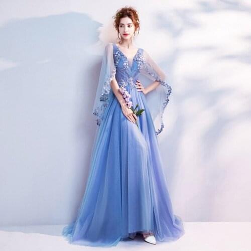 Blue Elegant Long-sleeved V-neck Banquet Queen Temperament Annual Meeting Stage Performance Catwalk Host Wedding Dress A027
