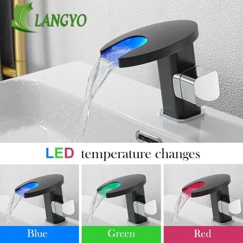 LANGYO Led Faucet Basin Faucet Watefall Sink Taps Cold and Hot Water Mixer Washbasin Tap Single Handle Faucet BR-2018A109