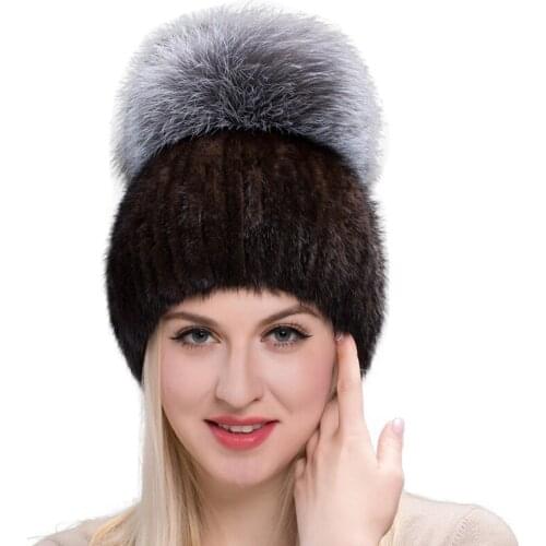Real mink fur hat for winter women imported knitted mink cap with fox fur 2020 new hot sale high quality female beaniesDHY17-04